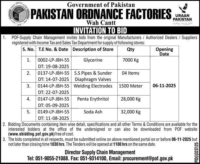 Pakistan Ordnance Factories Wah Cantt Tender Notice
